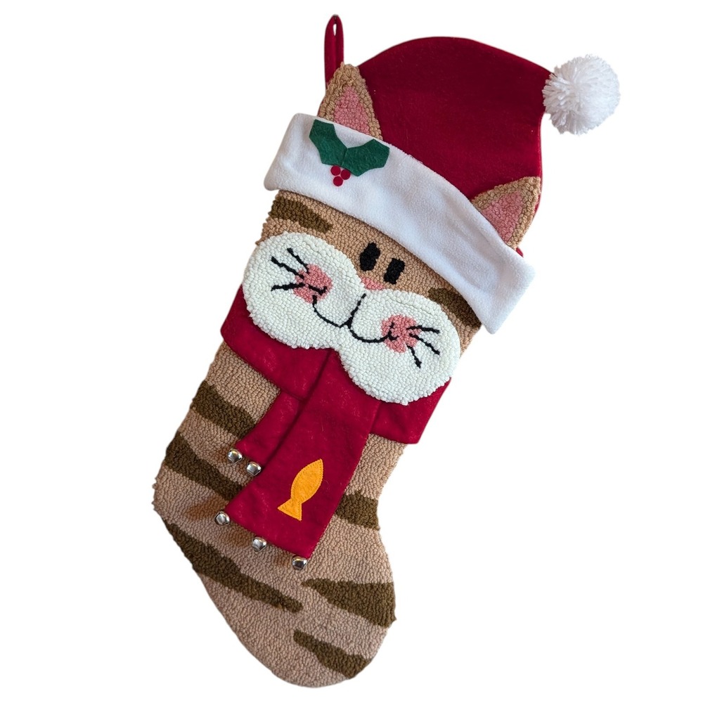 Glitzhome Christmas Stocking Santa Cat Hooked Thread Metal Bells Pets Oversized‎